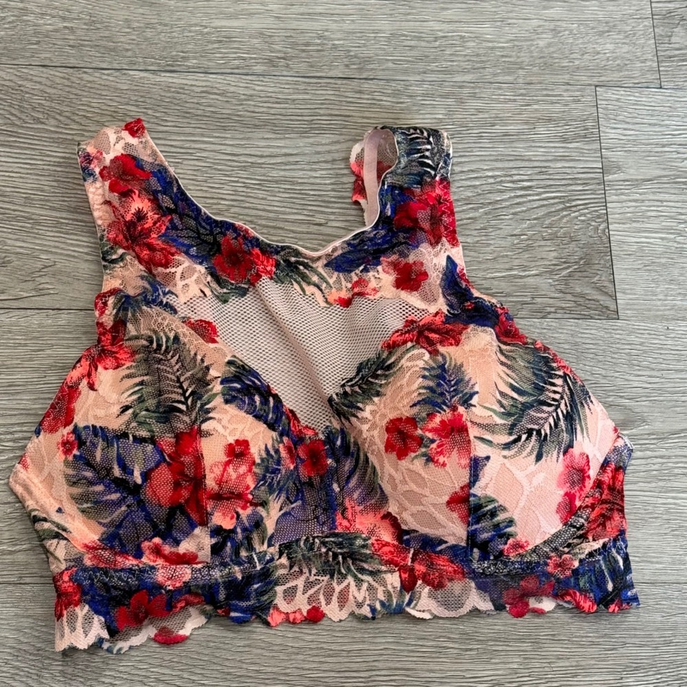 Victoria's Secret PINK Floral Lace Bralette High Neck Mesh Tropical Red Blue S